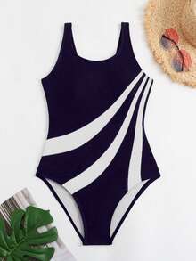 Swim SPRTY Women's Vacation Beach Colorblock Striped One-Piece Swimsuit - Navy Blue - View 4