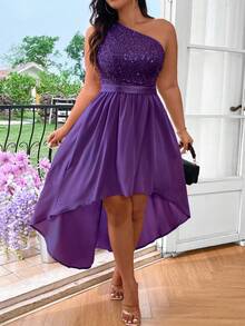 SHEIN Belle Plus Size Solid Color Asymmetrical Neckline Sequin Patchwork Short Front Long Back Sleeveless Dress Maxi Women Outfit - Purple - View 1