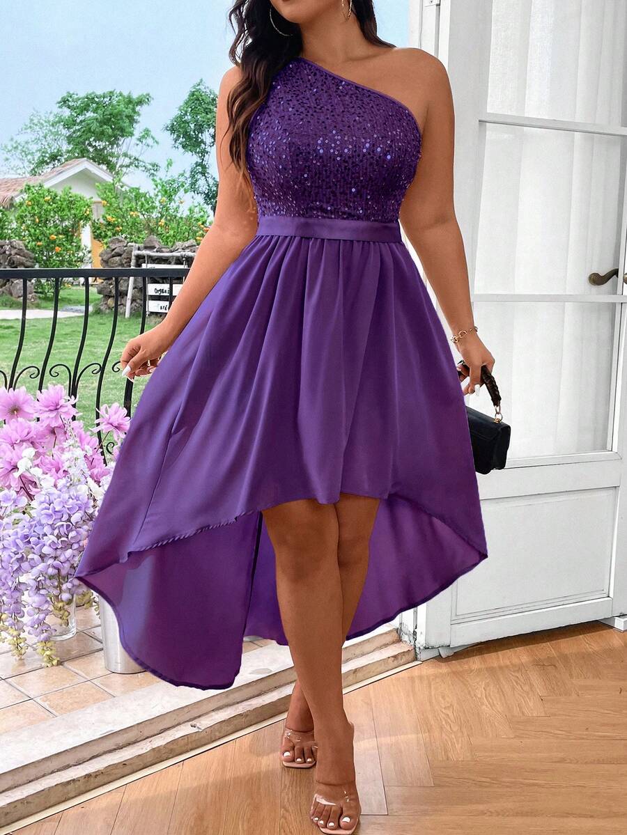 SHEIN Belle Plus Size Solid Color Asymmetrical Neckline Sequin Patchwork Short Front Long Back Sleeveless Dress Maxi Women Outfit - Purple - View 1