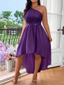 SHEIN Belle Plus Size Solid Color Asymmetrical Neckline Sequin Patchwork Short Front Long Back Sleeveless Dress Maxi Women Outfit - Purple - View 3