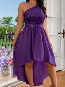 SHEIN Belle Plus Size Solid Color Asymmetrical Neckline Sequin Patchwork Short Front Long Back Sleeveless Dress Maxi Women Outfit - Purple - View 4
