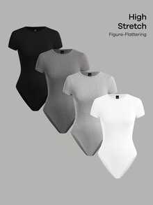SHEIN BASICS 女款純色圓領短袖基礎簡約T恤連身衣 日常白天穿著 黑色 灰色 淺灰色 白色 夏季 室內居家 - 彩色 - 查看 7