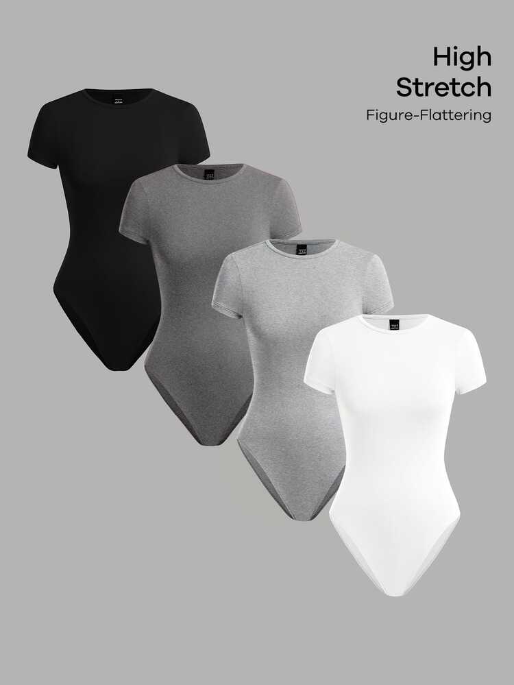 SHEIN BASICS Women's Solid Color Round Neck Short Sleeve Basic Simple T-Shirt Bodysuit Everyday Daytime Black Grey Light Grey White Summer Indoor Home - Multicolor - View 7