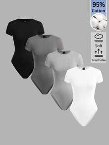 SHEIN BASICS 女款純色圓領短袖基礎簡約T恤連身衣 日常白天穿著 黑色 灰色 淺灰色 白色 夏季 室內居家 - 彩色 - 查看 1