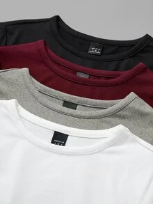 SHEIN BASICS 4pcs Women's Casual Simple Basic Modest Solid Color Short Sleeve Slim Bodysuit, Versatile For Summer Black Burgundy Light Grey White Panlakad - Multicolor - View 6