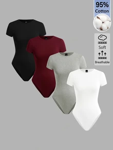 SHEIN BASICS 4pcs Women's Casual Simple Basic Modest Solid Color Short Sleeve Slim Bodysuit, Versatile For Summer Black Burgundy Light Grey White Panlakad - Multicolor - View 2