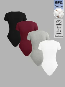 SHEIN BASICS 4pcs Women's Casual Simple Basic Modest Solid Color Short Sleeve Slim Bodysuit, Versatile For Summer Black Burgundy Light Grey White Panlakad - Multicolor - View 3