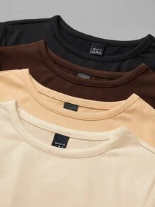 SHEIN BASICS Women's Solid Color Round Neck Short Sleeve Casual Minimalist Basic Simple T-Shirt Bodysuit Black Chocolate Brown Beige Cream White Summer Everyday - Multicolor - View 5