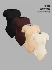 SHEIN BASICS Women's Solid Color Round Neck Short Sleeve Casual Minimalist Basic Simple T-Shirt Bodysuit Black Chocolate Brown Beige Cream White Summer Everyday - Multicolor - View 7
