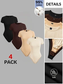 SHEIN BASICS Women's Solid Color Round Neck Short Sleeve Casual Minimalist Basic Simple T-Shirt Bodysuit Black Chocolate Brown Beige Cream White Summer Everyday - Multicolor - View 9