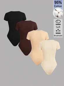 SHEIN BASICS Women's Solid Color Round Neck Short Sleeve Casual Minimalist Basic Simple T-Shirt Bodysuit Black Chocolate Brown Beige Cream White Summer Everyday - Multicolor - View 2