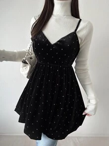 FRIFUL Women's Elegant Polka Dot Print Camisole, Autumn/Winter - Black - View 6