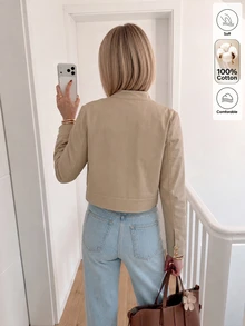 Elouméa 女款秋冬休閒純色高級寬鬆版型百搭日常通勤外出極簡棉質舒適常規夾克 - 卡其色 - 查看 2
