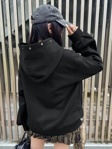 FRIFUL Women's Korean Style Autumn Solid Color Hooded Sweatshirt With Button And Pocket - Black - View 5