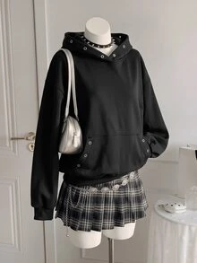 FRIFUL Women's Korean Style Autumn Solid Color Hooded Sweatshirt With Button And Pocket - Black - View 3