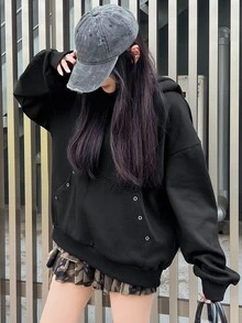 FRIFUL Women's Korean Style Autumn Solid Color Hooded Sweatshirt With Button And Pocket - Black - View 4