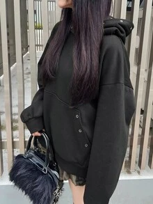 FRIFUL Women's Korean Style Autumn Solid Color Hooded Sweatshirt With Button And Pocket - Black - View 10
