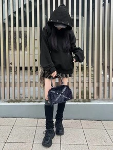 FRIFUL Women's Korean Style Autumn Solid Color Hooded Sweatshirt With Button And Pocket - Black - View 7