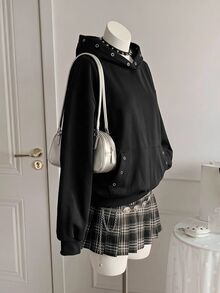 FRIFUL Women's Korean Style Autumn Solid Color Hooded Sweatshirt With Button And Pocket - Black - View 2