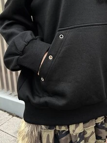 FRIFUL Women's Korean Style Autumn Solid Color Hooded Sweatshirt With Button And Pocket - Black - View 9