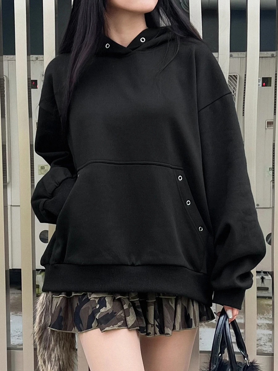 FRIFUL Women's Korean Style Autumn Solid Color Hooded Sweatshirt With Button And Pocket - Black - View 1