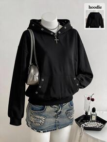 FRIFUL Women's Korean Style Autumn Solid Color Hooded Sweatshirt With Button And Pocket - Black - View 6