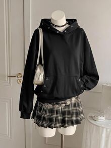 FRIFUL Women's Korean Style Autumn Solid Color Hooded Sweatshirt With Button And Pocket - Black - View 12