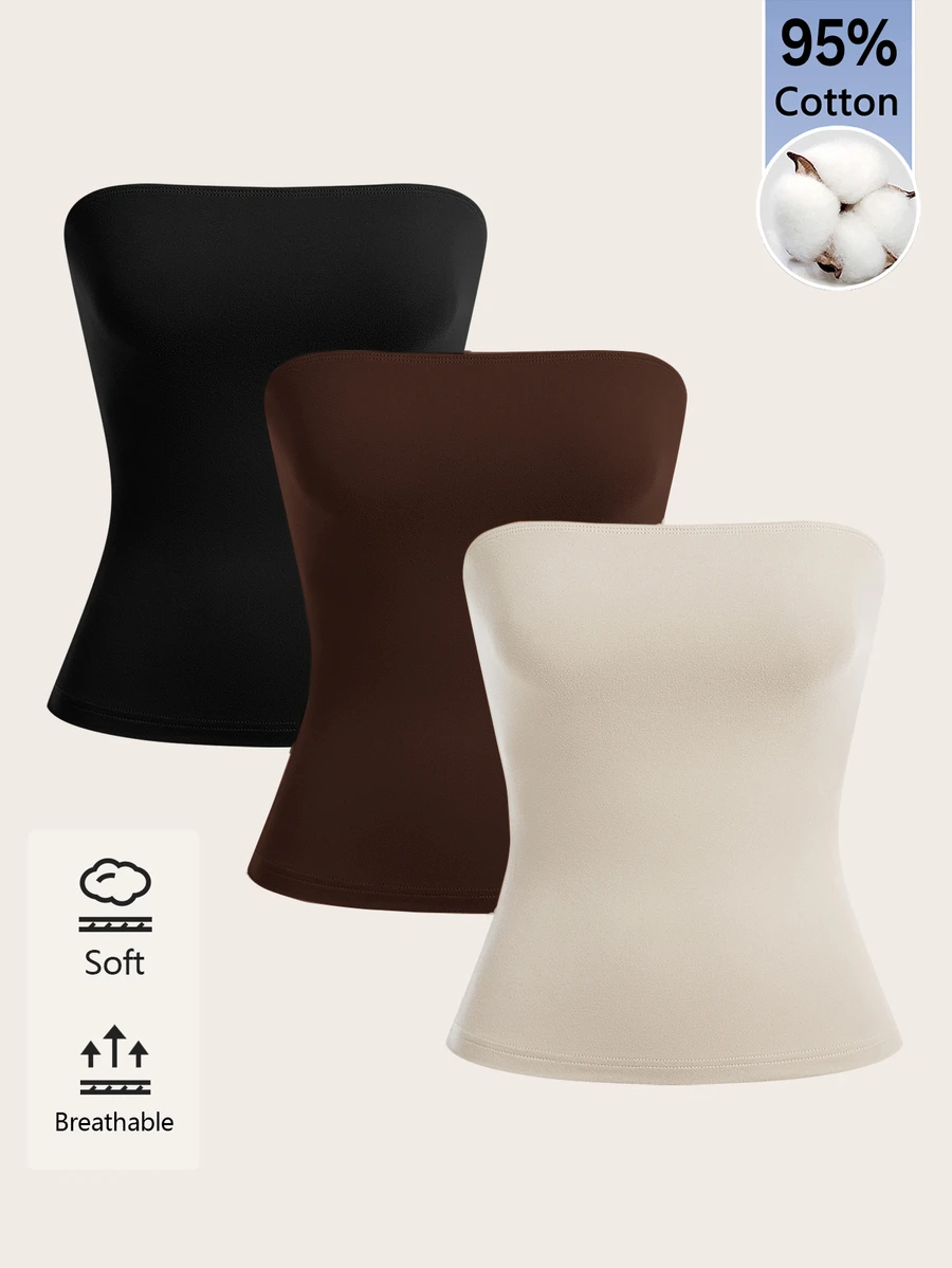SHEIN BASICS 女款夏季休閒百搭保守簡約多功能純色抹胸上衣 日常穿著 黑色 深棕色 米色 白天 辦公室 日常居家服 - 彩色 - 查看 1
