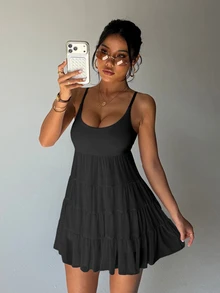 SHEIN Sovereign Charm Women's Black Summer Casual Vacation Sleeveless Sports Dress With Detachable Padded Bra,Mesh Skirt Overlay And Shorts Lining For Running,Tennis,Golf - Black - View 6