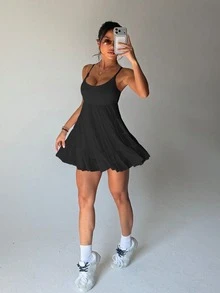 SHEIN Sovereign Charm Women's Black Summer Casual Vacation Sleeveless Sports Dress With Detachable Padded Bra,Mesh Skirt Overlay And Shorts Lining For Running,Tennis,Golf - Black - View 4