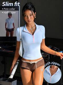 SHEIN Sovereign Charm 春/夏女款運動休閒上衣，粉色修身拼接半拉鍊立領前片拼接織帶拼接修身縫線短袖款，適合時尚休閒、跑步、瑜珈、健身、網球、高爾夫 - 藍色 - 查看 8