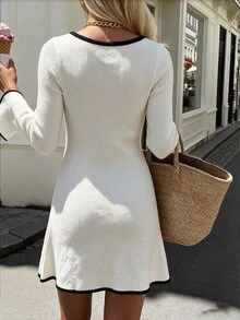 Flora Isola Flora Isola Elegant Square Neck Flared Sleeve Design Women's Sweater Dress - White - View 2