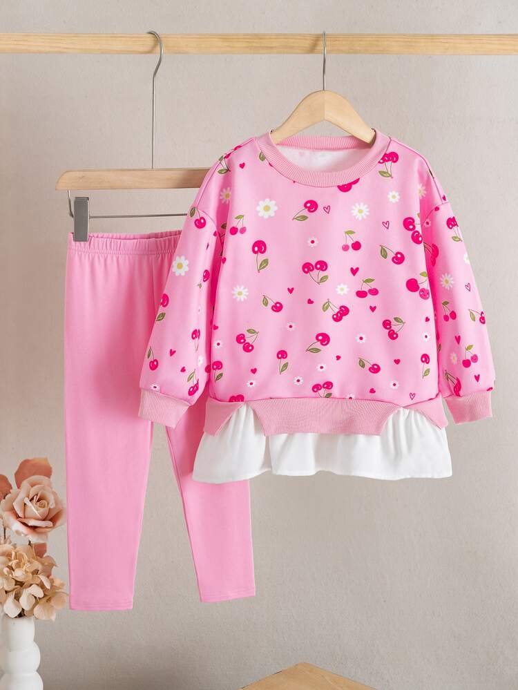 SHEIN Kids Young Girl Young Girl Young Girl Young Girl Young Girl Patterned Cherry Blossom Print Long-Sleeved Hoodie + Pink Base Pant Two Pieces Hoodie Set - Pink - View 8