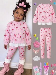 SHEIN 女童小女孩櫻花印花長袖連帽衛衣＋粉色打底褲兩件套休閒套裝 - 粉色 - 查看 3