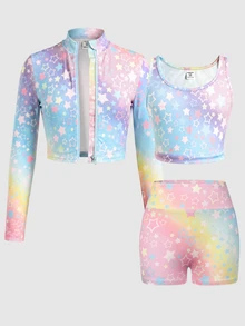 SHEIN Kids Teen Girl Knit Rainbow Printed 3Pcs Set Long Sleeve Zip-Up Jacket, Camisole, And Bike Shorts - Multicolor - View 2
