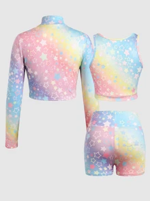 SHEIN Kids Teen Girl Knit Rainbow Printed 3Pcs Set Long Sleeve Zip-Up Jacket, Camisole, And Bike Shorts - Multicolor - View 4