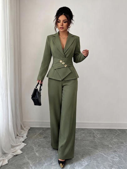 SHEIN Elenzya Elegant Sophisticated Luxury Oversized Lapel Blazer Set For Women, Asymmetrical Metal Buckle Wide Waistband Cinched Waist Blazer + High-Waist Draped Wide-Leg Long Pants 2 Pieces Set