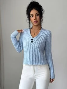 Breezaya Sweater Rajut Leher V Wanita dengan Motif Kabel Diagonal Tebal - Biru - View 8
