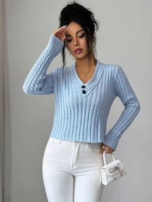 Breezaya Sweater Rajut Leher V Wanita dengan Motif Kabel Diagonal Tebal - Biru - View 7
