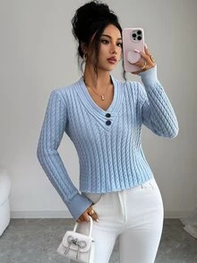 Breezaya Sweater Rajut Leher V Wanita dengan Motif Kabel Diagonal Tebal - Biru - View 5