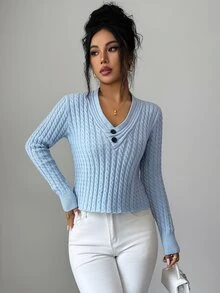 Breezaya Sweater Rajut Leher V Wanita dengan Motif Kabel Diagonal Tebal - Biru - View 4