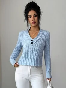 Breezaya Sweater Rajut Leher V Wanita dengan Motif Kabel Diagonal Tebal - Biru - View 6