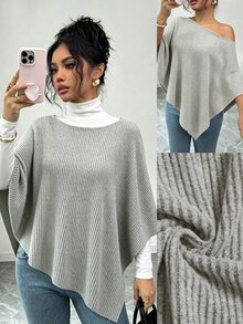 Elenzga Grey Ribbed Loose Asymmetric Neck Off-Shoulder Asymmetrical Hem Short Sleeve Flattering Slimming Knit Top For Women - Khaki - View 1