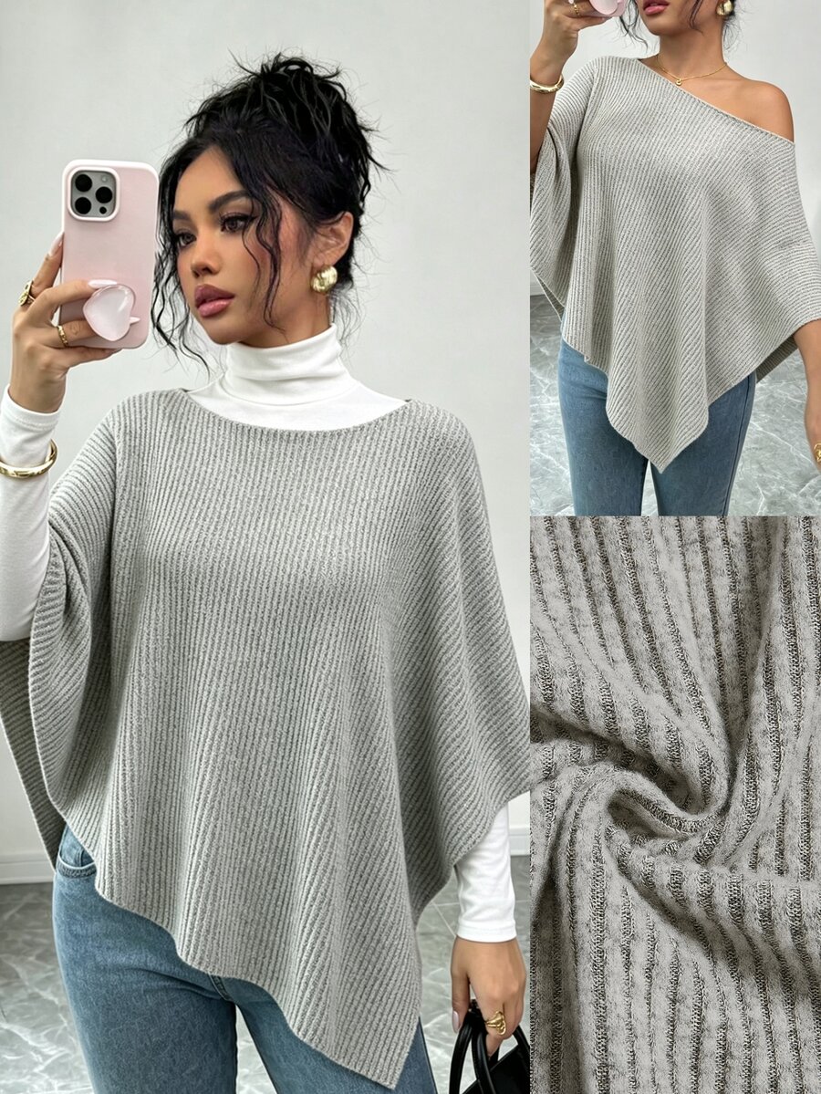 Elenzga Grey Ribbed Loose Asymmetric Neck Off-Shoulder Asymmetrical Hem Short Sleeve Flattering Slimming Knit Top For Women - Khaki - View 1