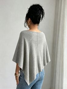 Elenzga Grey Ribbed Loose Asymmetric Neck Off-Shoulder Asymmetrical Hem Short Sleeve Flattering Slimming Knit Top For Women - Khaki - View 2
