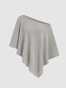 Elenzga Grey Ribbed Loose Asymmetric Neck Off-Shoulder Asymmetrical Hem Short Sleeve Flattering Slimming Knit Top For Women - Khaki - View 5