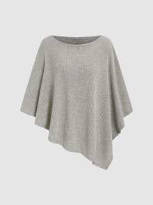 Elenzga Grey Ribbed Loose Asymmetric Neck Off-Shoulder Asymmetrical Hem Short Sleeve Flattering Slimming Knit Top For Women - Khaki - View 4
