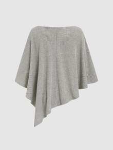 Elenzga Grey Ribbed Loose Asymmetric Neck Off-Shoulder Asymmetrical Hem Short Sleeve Flattering Slimming Knit Top For Women - Khaki - View 7