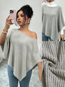 Elenzga Grey Ribbed Loose Asymmetric Neck Off-Shoulder Asymmetrical Hem Short Sleeve Flattering Slimming Knit Top For Women - Khaki - View 8
