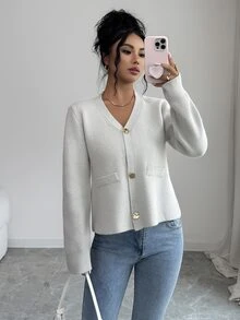 Elenzga Women's Vintage V-Neck Pocket 3-Button Cardigan Sweater - Grey - View 7